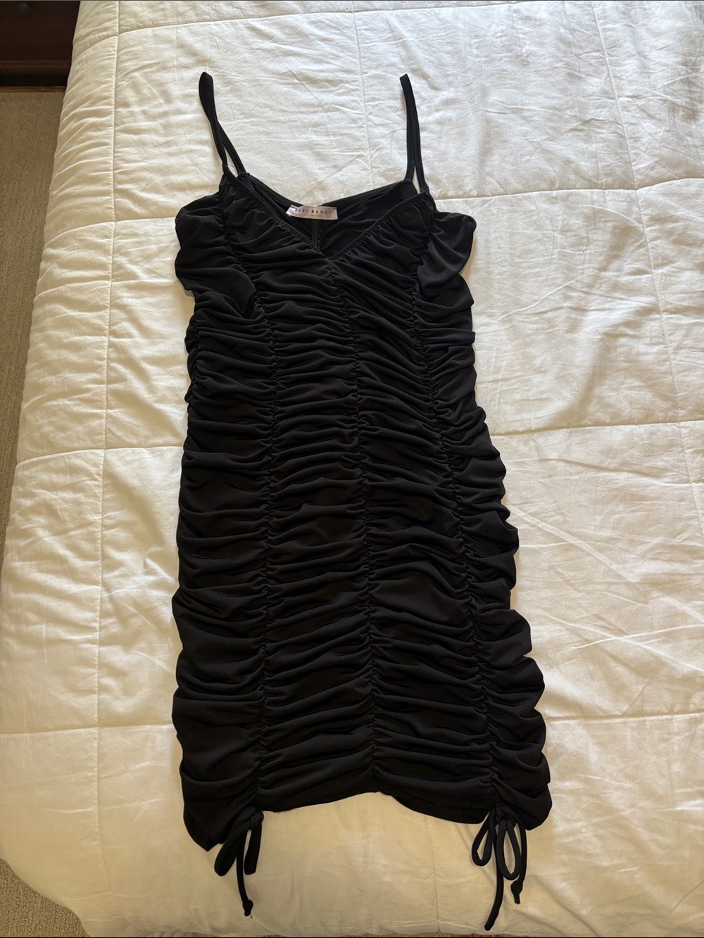 Blue Blush Black Ruched Mini Dress with Spaghetti Straps